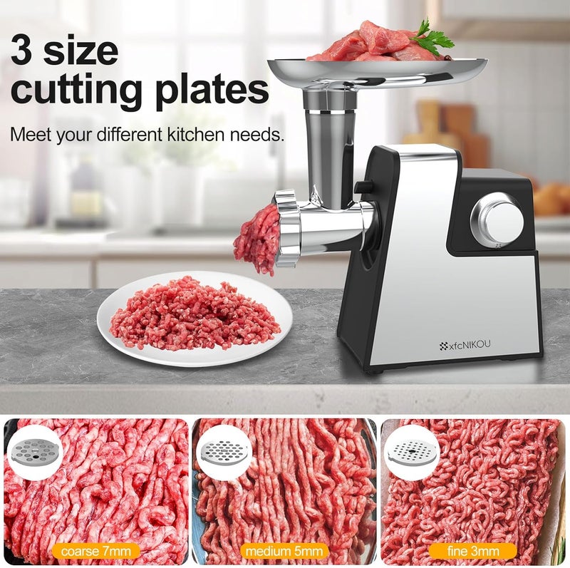 xfcnikou Electric Meat Grinder, 2800W Max Sausage Stuffer,Stainless Steel Meat Mincer With 2 Blades, 3 Plates, Sausage Tube And Kubbe Kit For Home Kitchen Use - Image 2